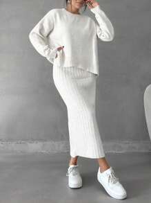 SHEIN Cottnline Women Solid Color Round Neck Drop Shoulder Pullover & Sweater Skirt Set - Beige - View 4