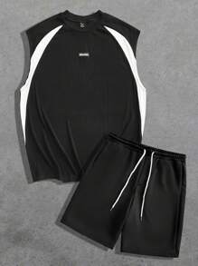 Manfinity VCAY Men's Loose Fit Black & White Color Block Crew Neck Knitted Vest Set, Suitable For Summer