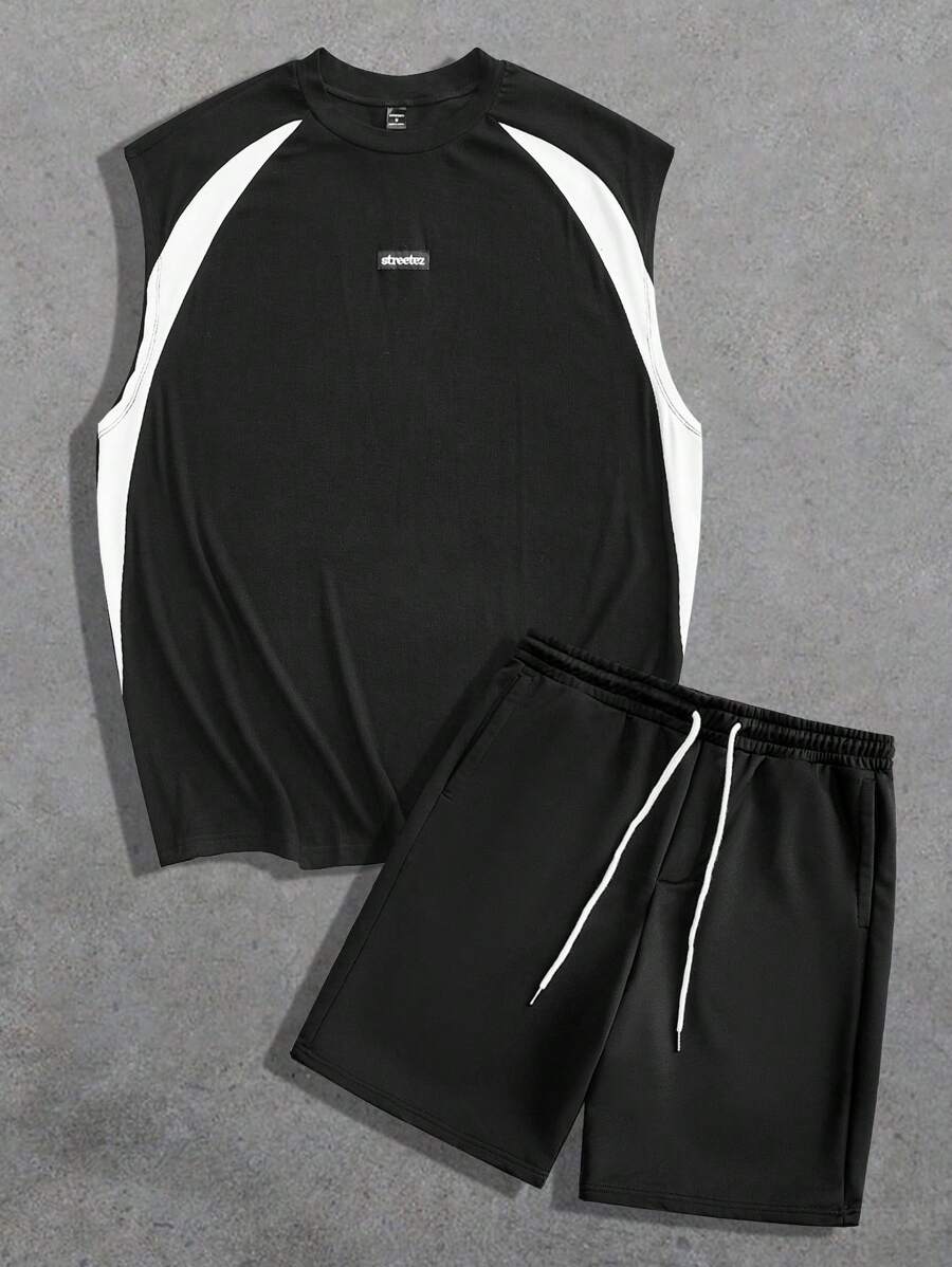 Manfinity VCAY Men's Loose Fit Black & White Color Block Crew Neck Knitted Vest Set, Suitable For Summer