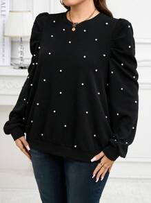 SHEIN Clasi 优雅珍珠缀饰长款羊腿袖圆领大码女式运动衫，秋冬款 - 黑色 - 查看 6