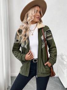 Chiquease Green Striped Fuzzy Lined Jacket For Women, Commute & Casual, Thick Sherpa Lining, Zipper, Lapel Collar, Autumn/Winter 2024