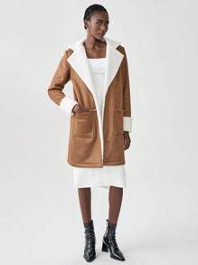 Chiquease 女士长袖口袋蓬松拼接简约休闲常规夹克 - 棕色 - 查看 6