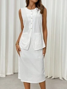 SHEIN LUNE 2 piezas/set Chaleco blanco y falda plisada de estilo francés casual para mujer, otoño/invierno