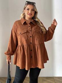SHEIN CURVE+ Plus Size Stand Collar Color Block Button Dual Pockets Corduroy Ruffle Hem Dolly Casual Holiday Long Sleeve Blouse, Fall Top Clothes