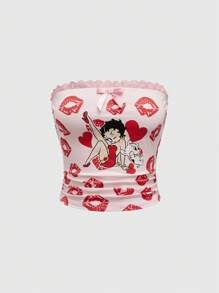 Betty Boop | ROMWE 女式卡通人物与唇印拼接蕾丝蝴蝶结细节褶皱修身抹胸，夏季 - 粉色 - 查看 1