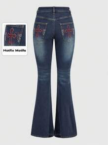 ROMWE Grunge Punk 女式喇叭牛仔裤，饰有水钻十字设计，学校风