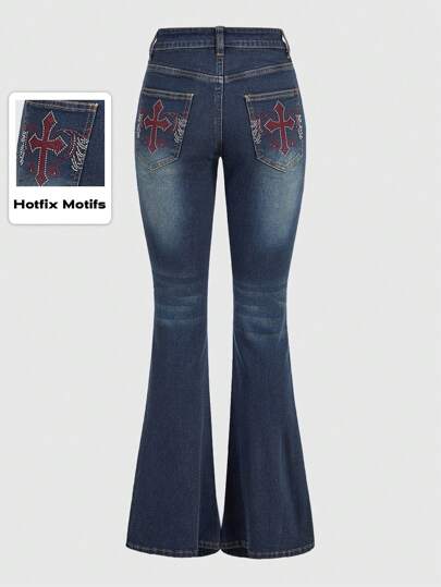 Grunge Punk Jeans évasés pour femmes avec design d'ornement de croix de strass, école