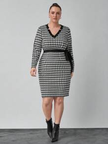 SHEIN Clasi Plus Size Women's V-Neck Long Sleeve Fitted Elegant Houndstooth Dress - Black and White - View 1