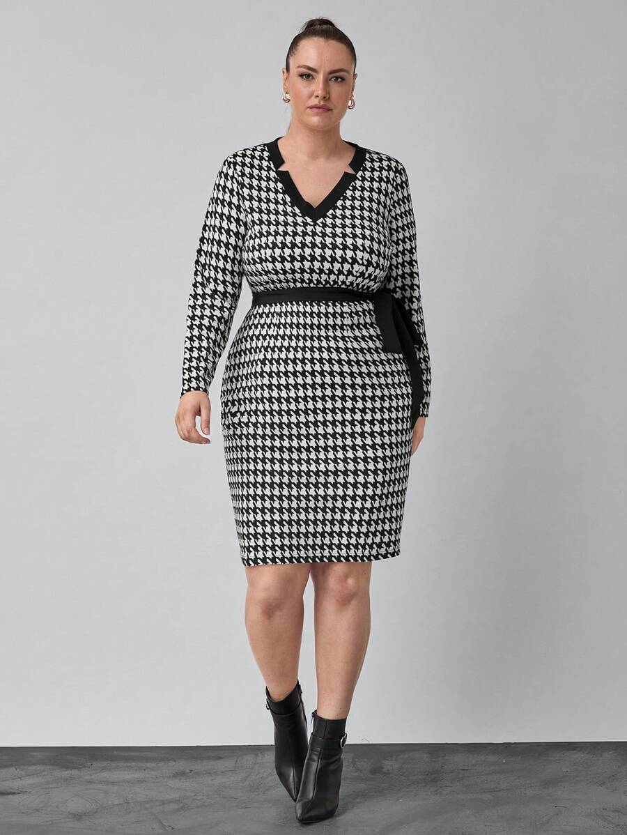 SHEIN Clasi Plus Size Women's V-Neck Long Sleeve Fitted Elegant Houndstooth Dress - Black and White - View 1