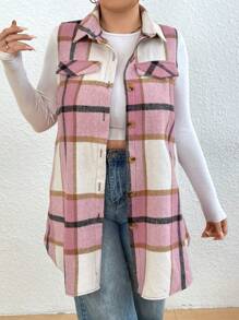 SHEIN Plus Size Front Button Sleeveless False Pocket Plaid Casual Jacket, For Winter - Multicolor - View 4