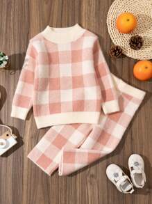 2 buc/Set Pulover din tricot în carouri pentru fetiță + Set pantaloni cu picioare largi, ținută de tricotaj casual la modă pentru toamnă și iarnă - Caisă - Vizualizare 1