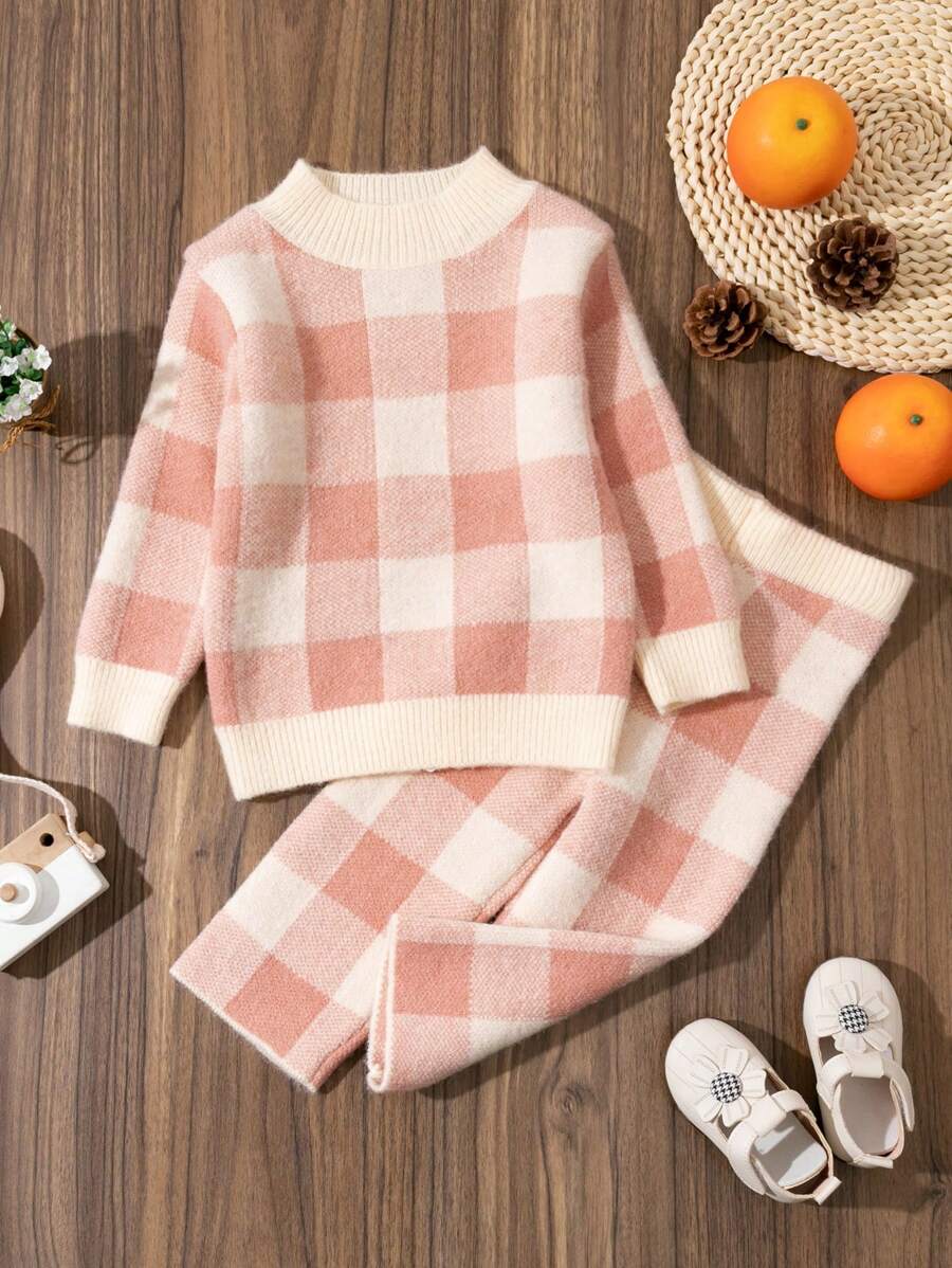 2 buc/Set Pulover din tricot în carouri pentru fetiță + Set pantaloni cu picioare largi, ținută de tricotaj casual la modă pentru toamnă și iarnă - Caisă - Vizualizare 1