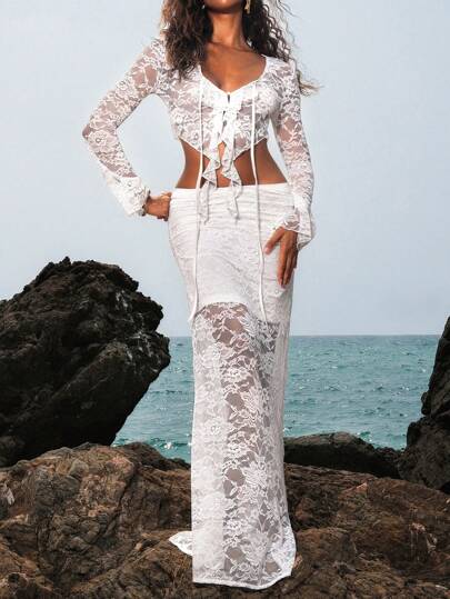 Opulessa 度假纯色针织蕾丝喇叭袖女式衬衫