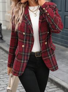 SHEIN LUNE 新年服装女式西装外套，时尚双排扣格子厚西装外套