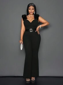 Slaydiva 2024 New Arrivals Elegant Sleeveless Jumpsuit For Valentine's Day, New Year Party, Wedding, High-End Design With Asymmetric Neckline, Fabric Patchwork Details & Belt, Suitable For Autumn