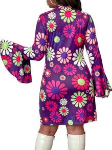 Plus Size Women's Bell Sleeve Printed Casual Knit Dress, Autumn