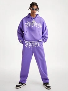 Manfinity VCAY Men's Loose Fit Round Neck Long Sleeve English Text Graphic Print Pullover Sweatshirt, For Fall Winter - Purple - View 2