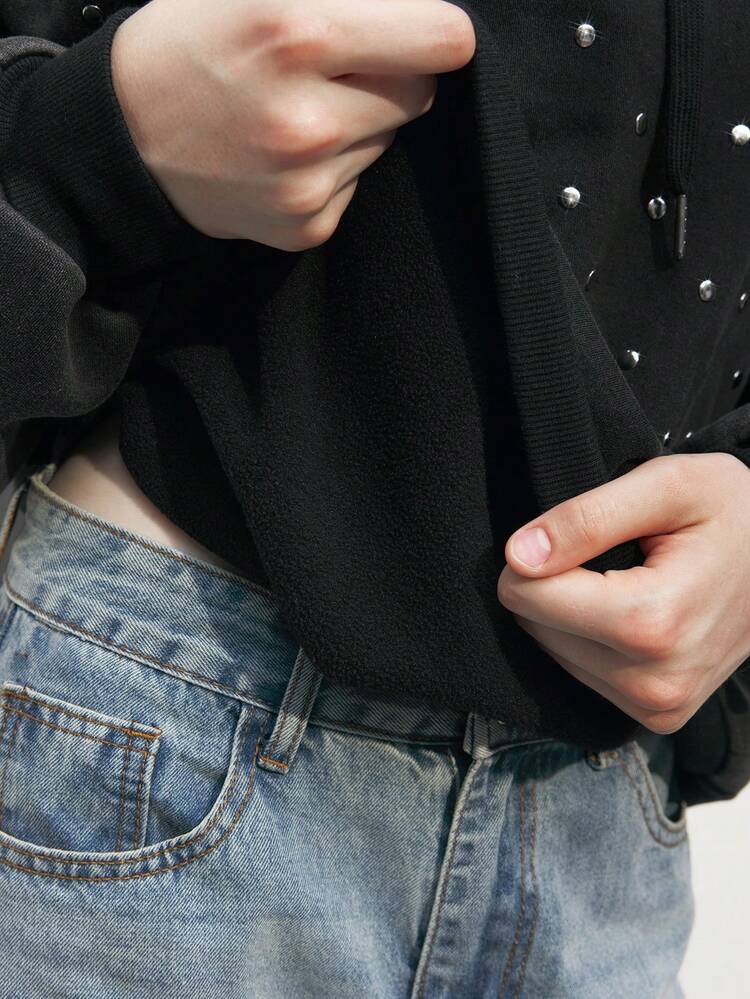 SHEIN Maija レディース カジュアルルーズ ドローストリング付き フード付き ドロップショルダー スウェットシャツ、箔プリントデザイン、秋物