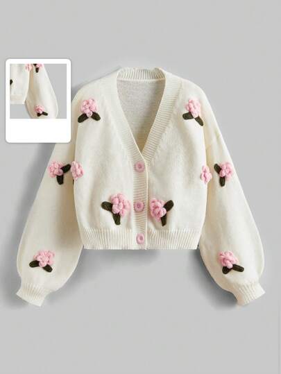 Kawaii Cardigan con colletto rialzato e dettagli di bottoni a fiore 3D, per la scuola