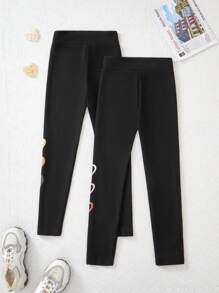 2pcs/Set Tween Girls' Casual Solid Color Basic Leggings, Thermal Lined , Thickened Chic Outfits For Autumn/Winter - Black - View 2