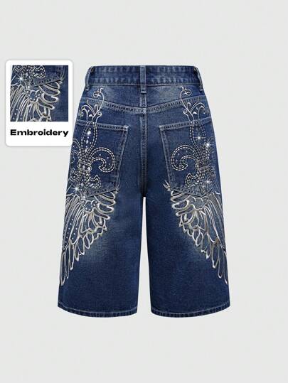 Grunge Punk Pantaloncini capri in denim con ricami e decorazioni in strass, vestibilità ampia - Stile di moda punk di Tokyo