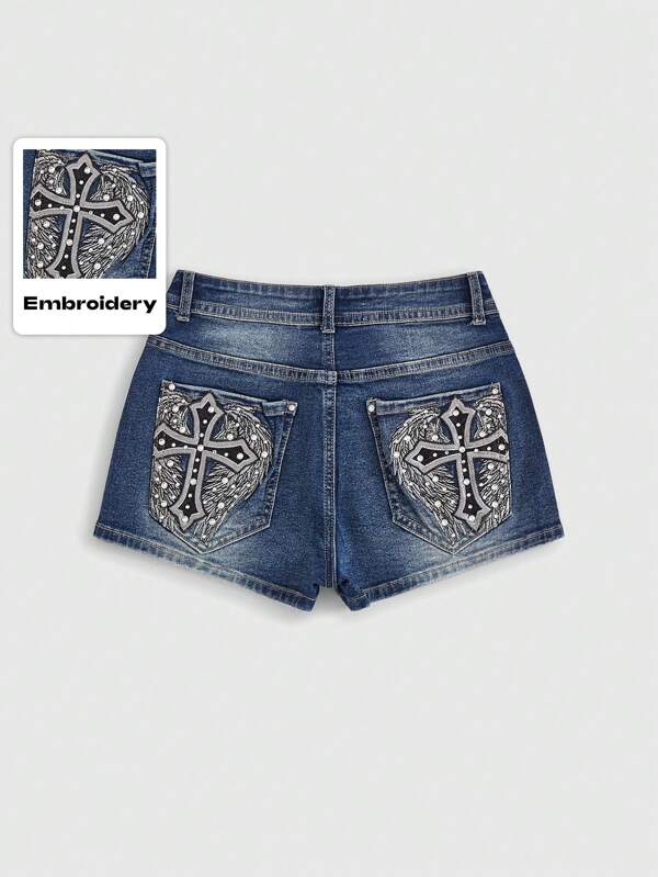 ROMWE Grunge Punk Women's Gyaru Casual Denim Shorts With Cross Patterned Patch Pockets, School