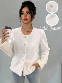 Chiquease Elegante Chaqueta blanca de mezcla de lana con cuello redondo, manga larga, diseño de parches de piel sintética de conejo, botones de perla y cálida para otoño/invierno