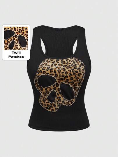 Grunge Punk Punk Rock Style Tight-Fitting Women Tank Top With Leopard Print, Skull Patch And Embroidery, Ideal For Daily Wear, Music Festivals, And Millennial Retro Subculture Fashion, School