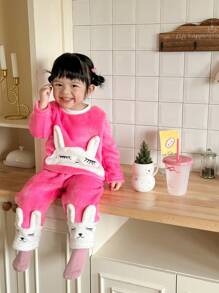 2pcs Baby Girl Crew Neck Long Sleeve Cute Animal Print Sweatshirt And Casual Fleece Pants Set - Pink - View 6