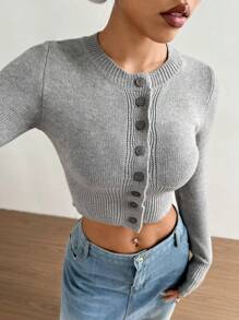 Flirla Áo len cardigan dáng ôm ngắn thời trang giản dị, mùa xuân/thu - Xám - Xem 7