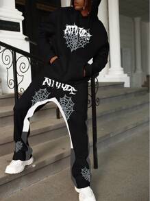 Manfinity EMRG Men's Casual Spiderweb & Letter Print Hoodie Sweatshirt And Drawstring Sweatpants Set
