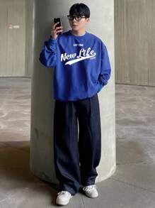 DAZY Men's Letter Print Pullover Sweatshirt, Autumn - Blue - View 3