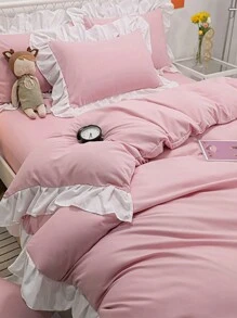 3pcs Kids/Dorm Bedding Set, Includes Duvet Cover & Pillowcase, Pink Floral Ruffled
