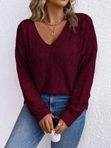 SHEIN CURVE+ Áo len nữ cỡ lớn, màu trơn, cổ chữ V, khoét lỗ, tay dài, kiểu dáng thường ngày, màu đỏ tía, thích hợp cho mùa thu/đông. - Màu Đỏ Sâu - Xem 3