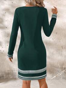 SHEIN Clasi Dames Lente & Herfst Ronde Hals Elegante Colorblock Geometrische Lange Mouw Jurk