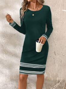 SHEIN Clasi Dames Lente & Herfst Ronde Hals Elegante Colorblock Geometrische Lange Mouw Jurk