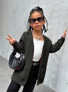 Young Girl Deep Pink Solid Color Fashionable Casual Cute Soft Simple Warm Versatile Elegant  Long Sleeve Midi Knit Cardigan Suitable For Casual Wear, School, Outings, Parties, Autumn/Winter - Black - View 6