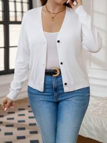 SHEIN LUNE Áo len cardigan dài tay một hàng khuy đơn màu trơn cỡ lớn dành cho nữ, mùa thu/đông - trắng - Xem 4