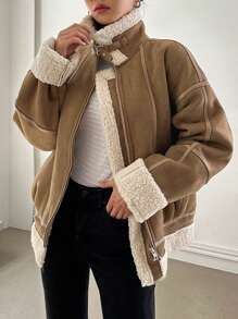 Dazy-Less Top-Stitching Drop Shoulder Teddy Lined Suedette Jacket,Ladies Winter Casual Pocket,Zipper Drop Shoulder Oversized Camel Plain Women Jackets,Winter Warmth/ Winter Fashion,Thermal Lined