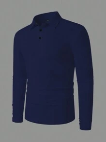 Manfinity Homme 男士纯色长袖休闲办公室 Polo 衫，春秋两季，适合秋季 - 寶藍色 - 查看 4