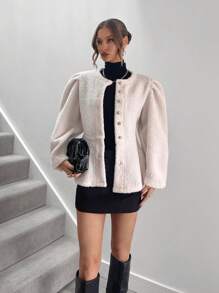 SHEIN Unity 1 件女式纯色可爱荷叶边下摆蓬松加绒加厚夹克，秋冬 - 白色 - 查看 4
