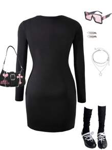 SHEIN Tween Girl Patch Cross Punk Gothic Style Long Sleeve Knit Dress