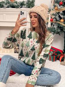 Chiquease Suéter de cuello redondo de manga larga con estampado de árbol de Navidad para mujer, tops de manga larga, jersey de punto para otoño e invierno - Multicolor - Ver 5