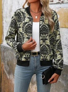 SHEIN LUNE Women's Casual All-Over Floral Print Zip-Up Baseball Jacket - Black - View 1