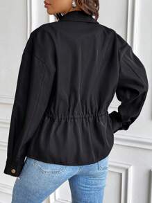 Chiquease Women's Solid Color Drop Shoulder Long Sleeve Loose Drawstring Jacket, Spring Autumn Fall Cloth For Women - Black - View 2