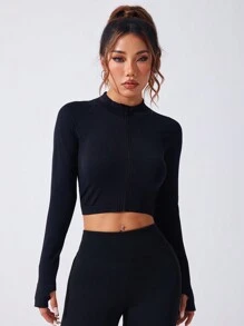 SHEIN Sports Áo khoác thể thao nữ bó sát màu đen có khóa kéo, không đường may - màu đen - Xem 5