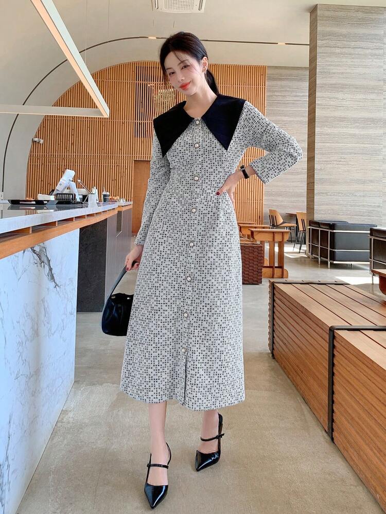 Women Elegant Color Block Lapel Button Decor Long Dress, Without Belt, Fall Dress Long Sleeve Dress
