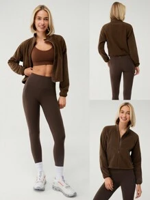 GLOWMODE Thin Polar Fleece Loose-Fit Cropped Drawstring Long Sleeve Jacket - Coffee Brown - View 7