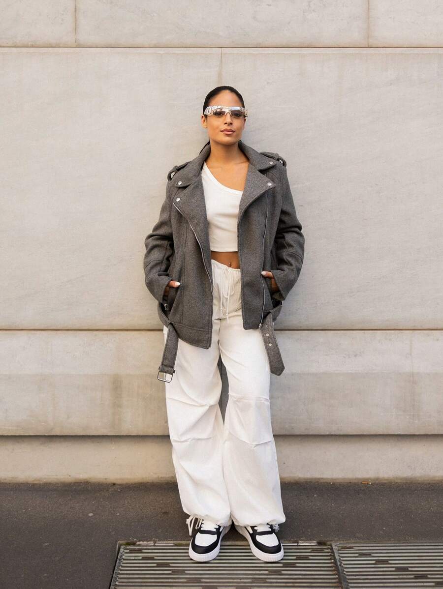 SHEIN Privé 女士粗花呢夹克 2024 秋冬装休闲拉链宽松外套飞行员夹克机车夹克外套 - 灰色 - 查看 1