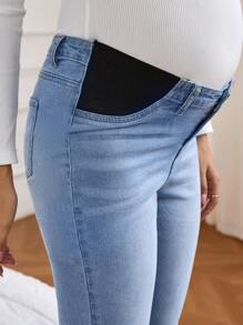 SHEIN Maternity Plain Color Patchwork Front Button Casual Denim Jeans - Medium Wash - View 4